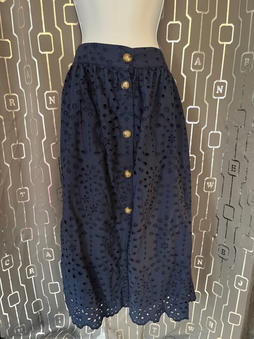 LOFT Navy Eyelet Button-Front Midi Skirt
